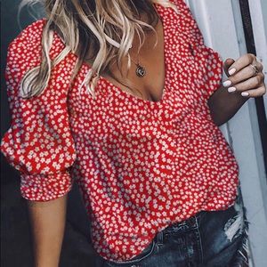 Red Floral Print Blouse size S